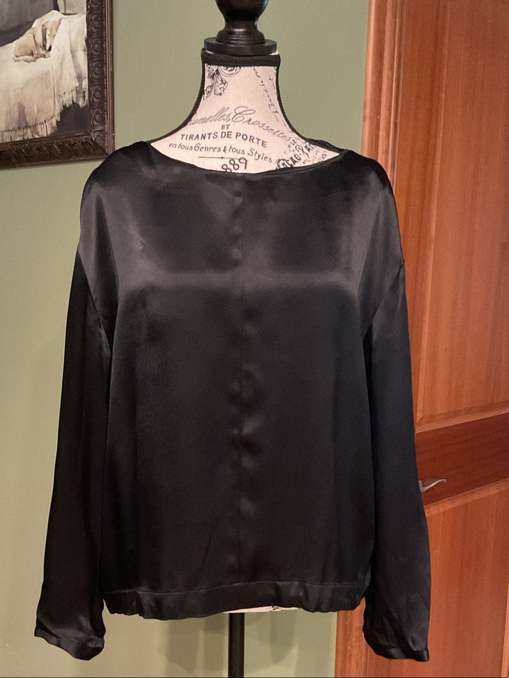 Zara Black Satin Boat Neck Long-Sleeve Blouse, Size S
